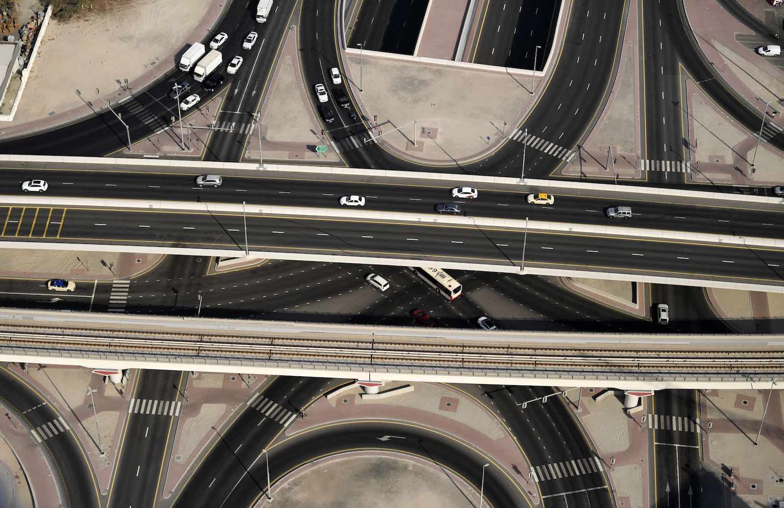 Overhead view of highway exchange in Dubai