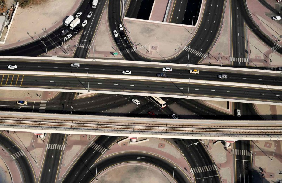 Overhead view of highway exchange in Dubai