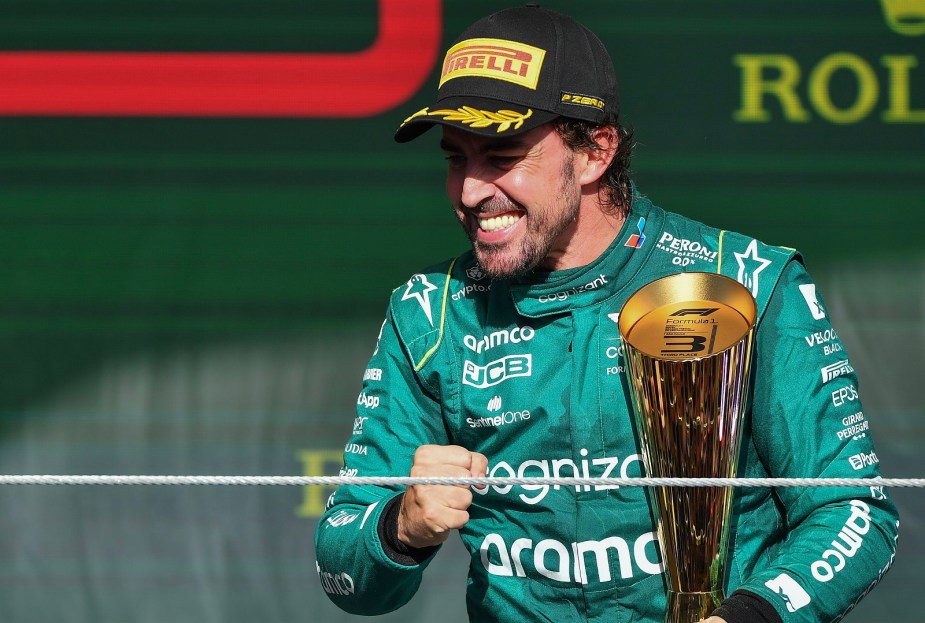 Fernando Alonso celebrates his podum finish at the 2023 Grand Prix of Brazil