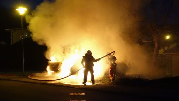 Firefighters battle a car fire with a vehicle like a Tesla or BMW.
