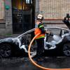 French firefighters battle an electric car fire after thermal runaway and demonstrations.