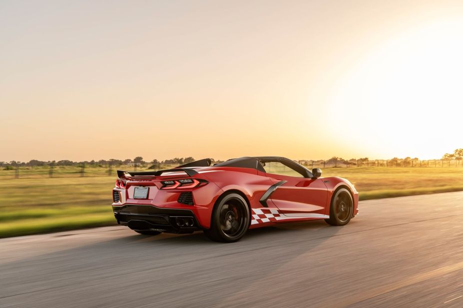 A red Chevrolet C8 Corvette Convertible with a Hennessey H700 package.