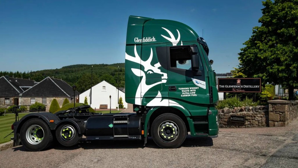 Green Glenfiddich semi truck that is powered by Scotch whisky byproducts