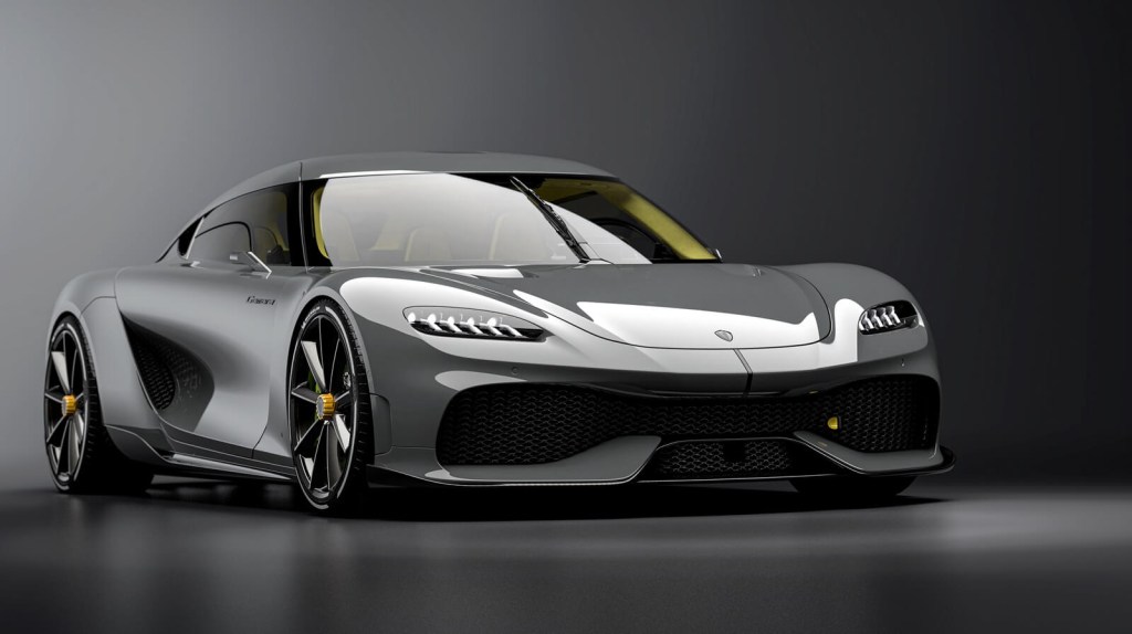 A gray Koenigsegg Gemera hypercar shows off its front end.