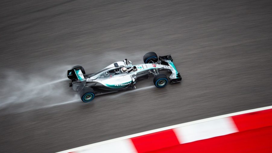 Lewis Hamilton's Mercedes-AMG F1 car at the Circuit of the Americas for the US Grand Prix.