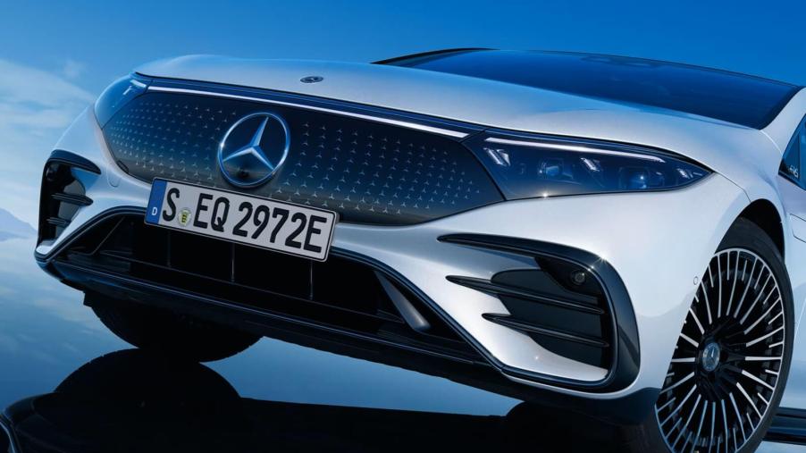 A Mercedes-Benz EQ model, the EQS, shows off its front-end styling.