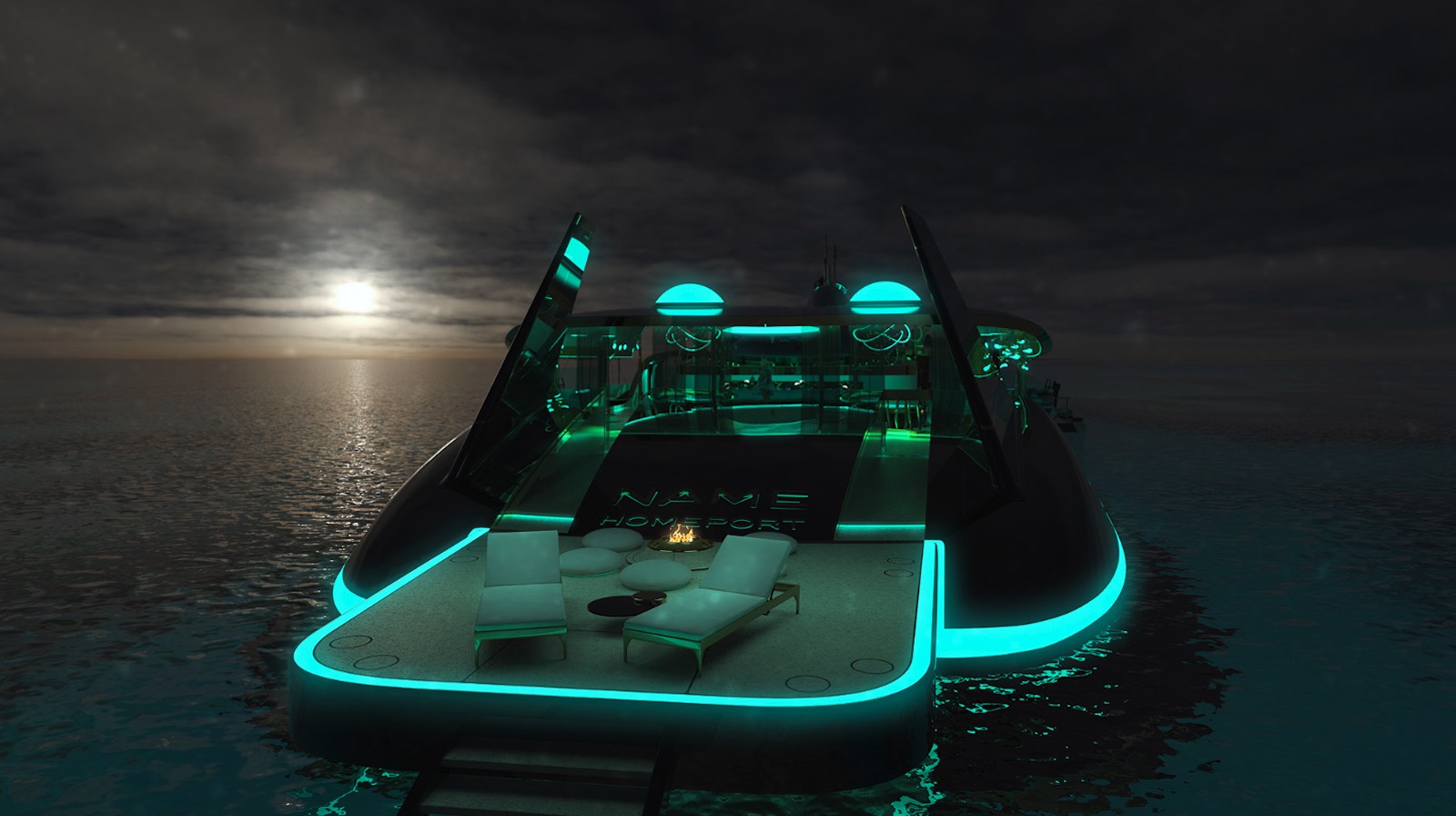 The back deck of a submarine yacht in front of the sunset.