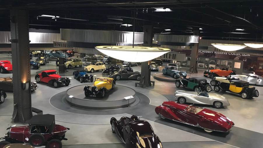 Collection of vintage automobiles in a musem