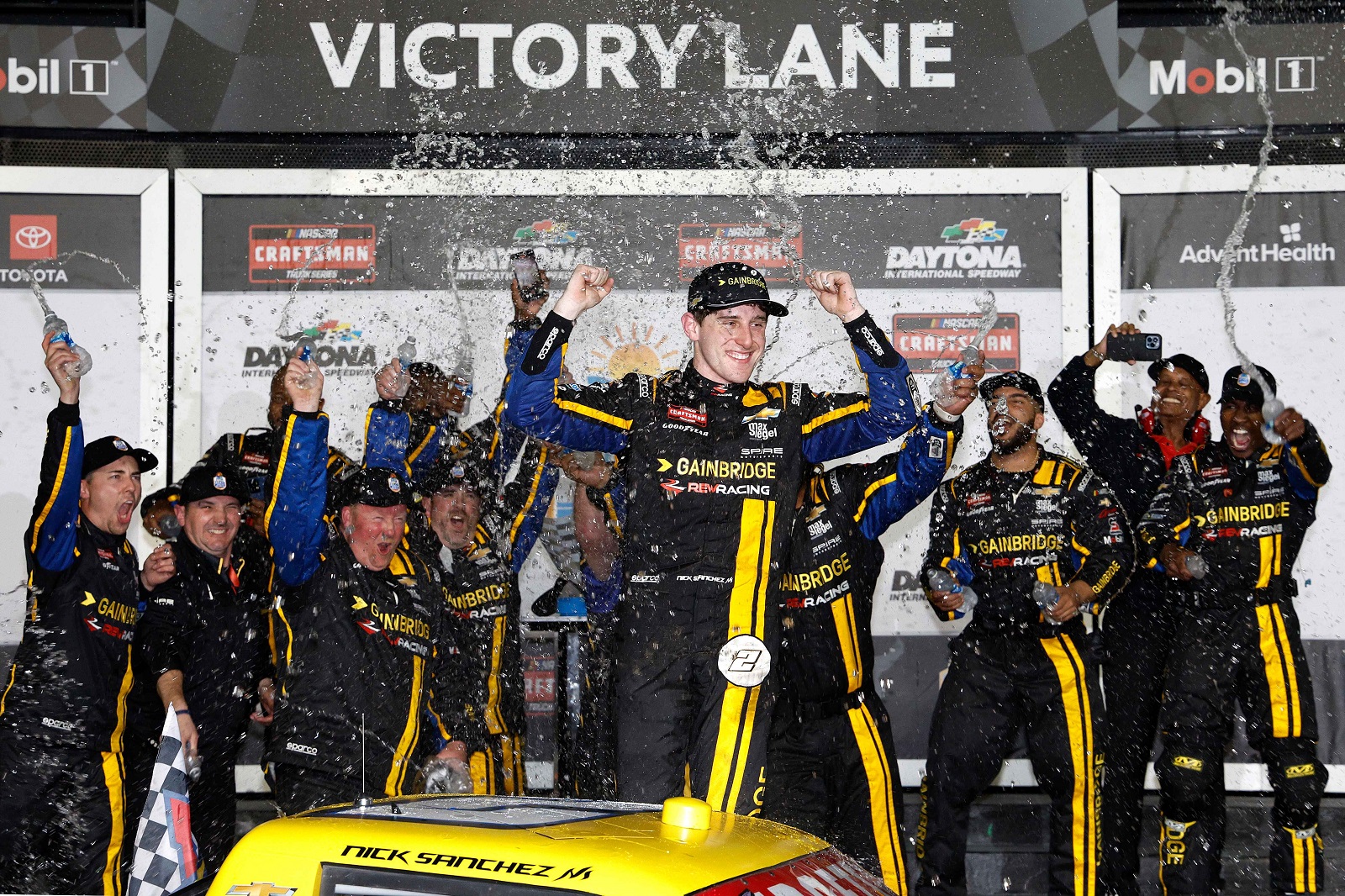 Nick Sanchez celebrates after winning the 2024 NASCAR Craftsman Truck Series Fresh From Florida 250 at Daytona. 
