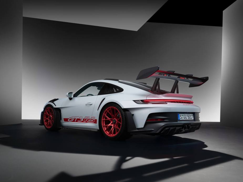 A Porsche 911 GT3 RS shows off its rear wing.