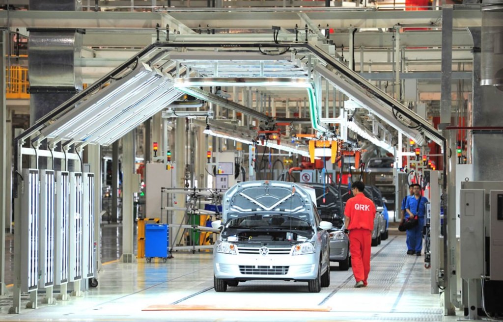 A Chinese assembly plant rolls out a Volkswagen car. 