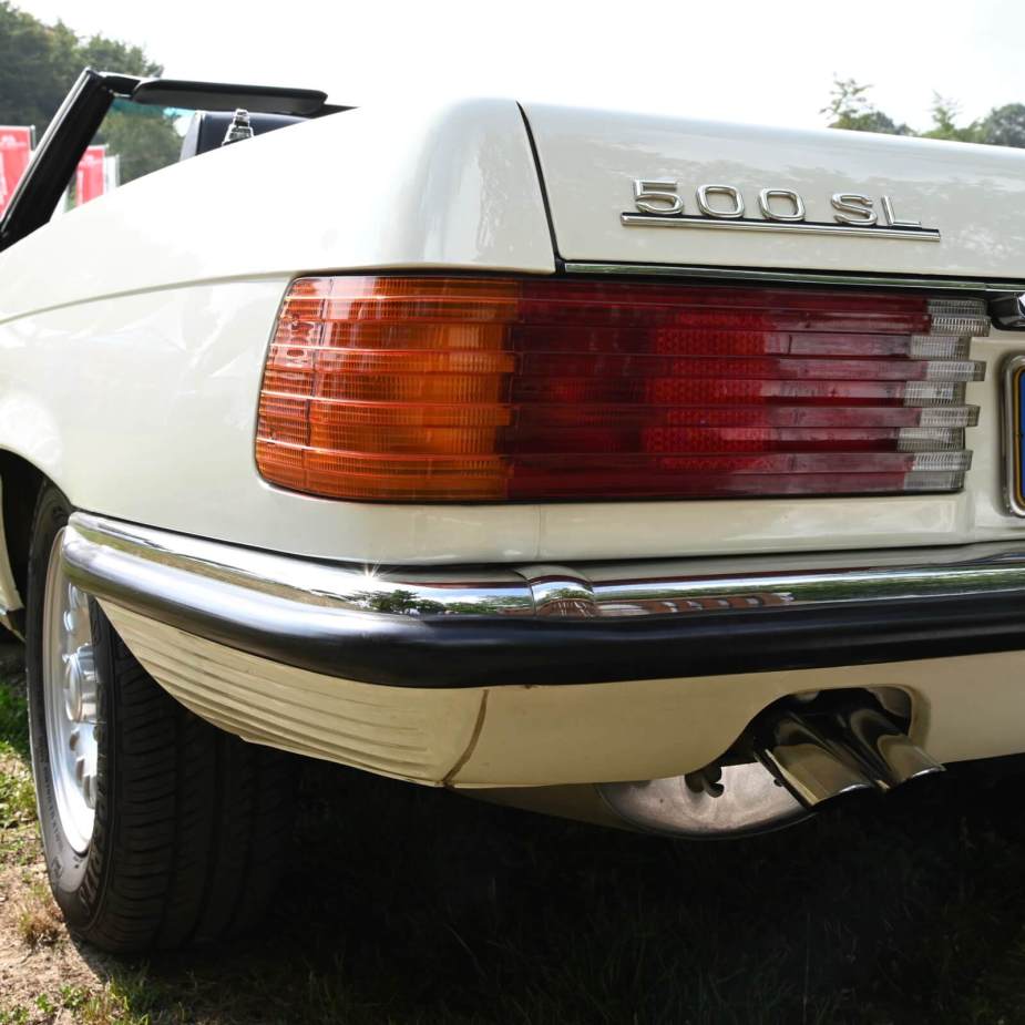 An R107 Mercedes-Benz 500 SL, like Bob Marley's shows off its rear-end styling.