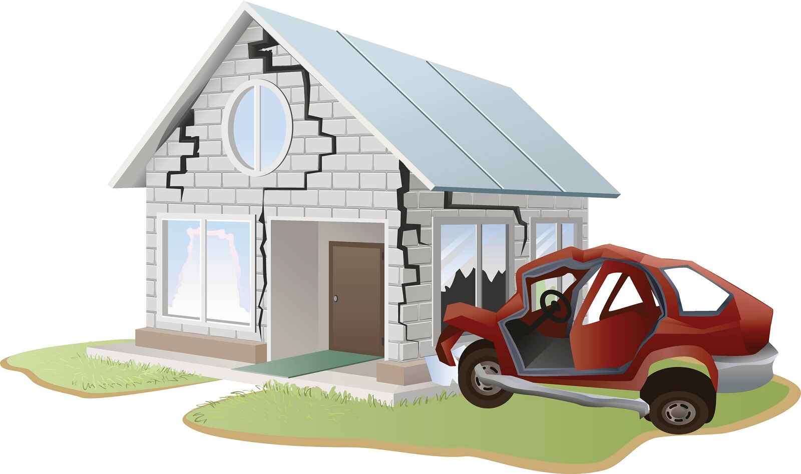 A drawing animation of a cinderblock home getting hit by a red car cracks all over house