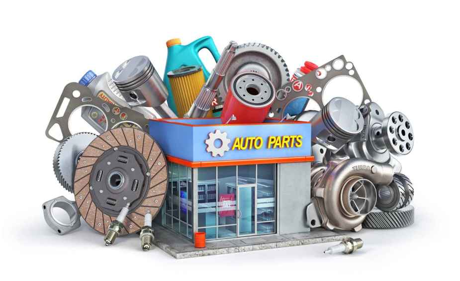 A rendering of an auto parts store surrounded by many car parts including clutch, oil filters, pistons, a turbo, spark plugs, and more