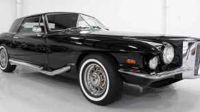 Elvis Presley's black 1971 Stutz Blackhawk Series 1 Coupe shown in right front angle view