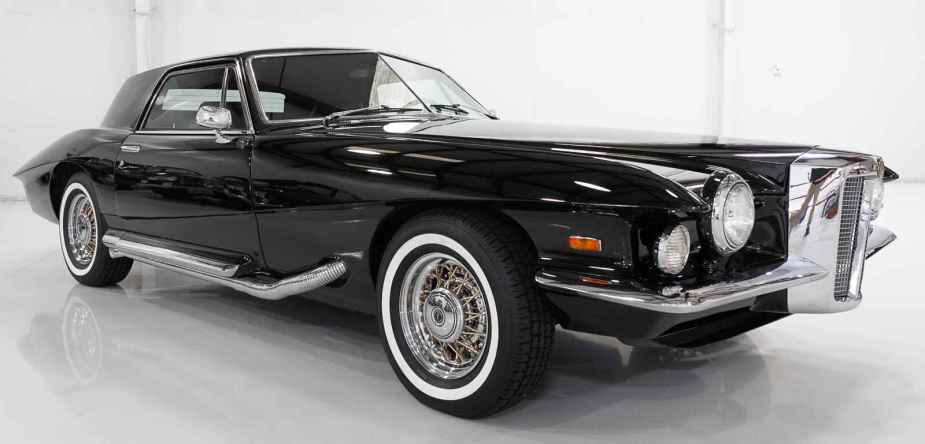 Elvis Presley's black 1971 Stutz Blackhawk Series 1 Coupe shown in right front angle view