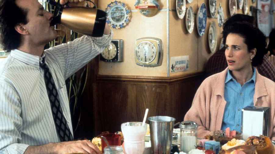 The diner scene from the film 'Groundhog Day' with Bill Murray drinking from the coffee carafe