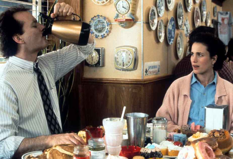 The diner scene from the film 'Groundhog Day' with Bill Murray drinking from the coffee carafe