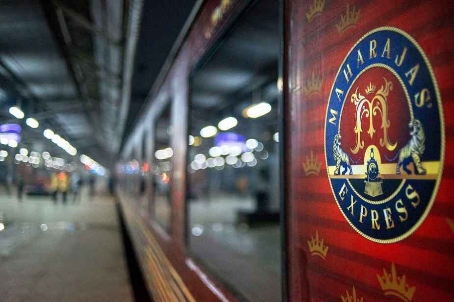 A close exterior shot of the Maharajas' Express luxury train in India