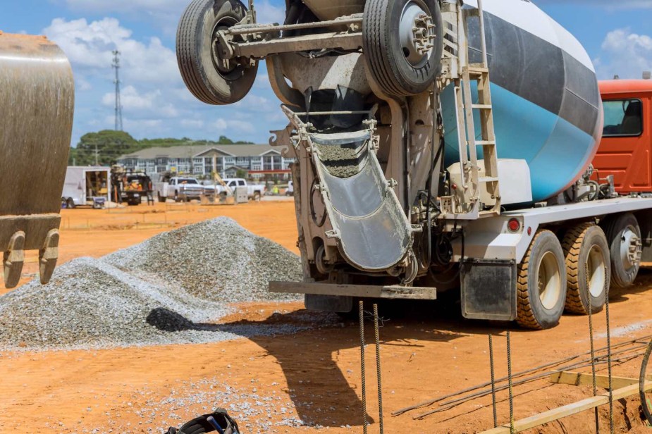 Cement mixer concrete truck parked at a job site