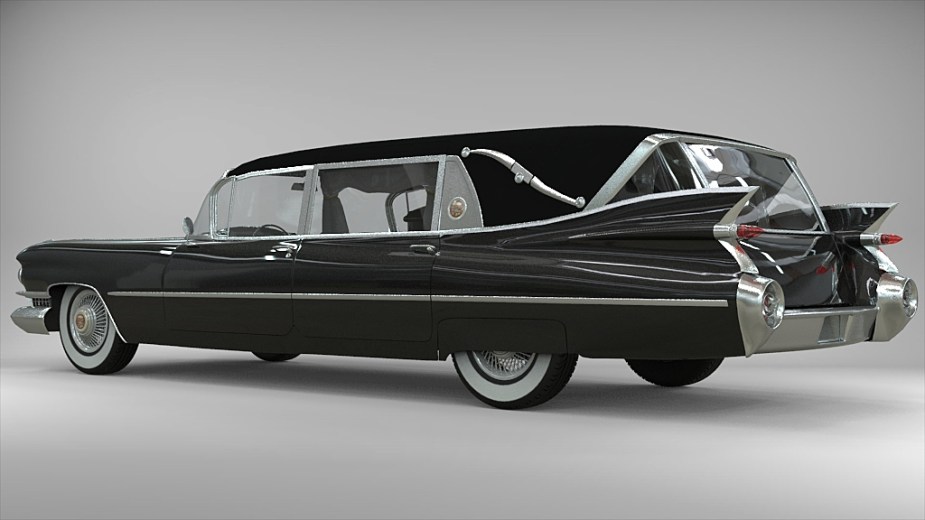 A 1959 Cadillac hearse on display