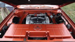 The air compressor and turbine engine under the hood of a 1963 Chrysler Turbine car.