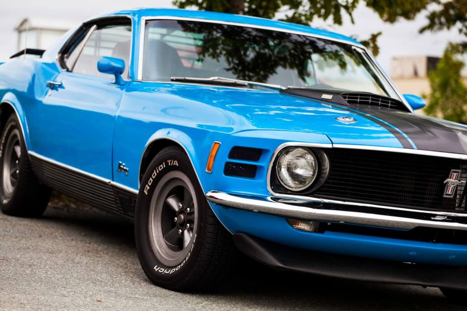 A 1970 Ford Mustang Mach 1, like the one Mark Wahlberg overlooks in 'The Family Plan' shows off its front-end styling.