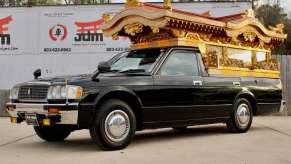 The front of an ornamental Japanese hearse built on an old Toyota Crown chassis