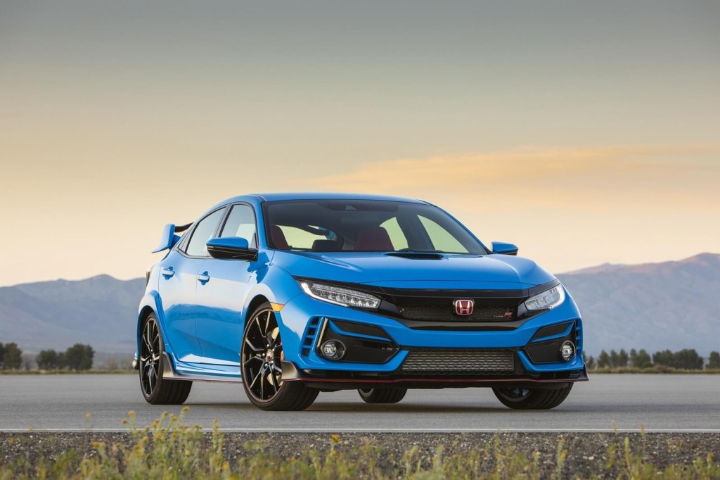 A blue Honda Civic Type R shows off its dramatic design. 