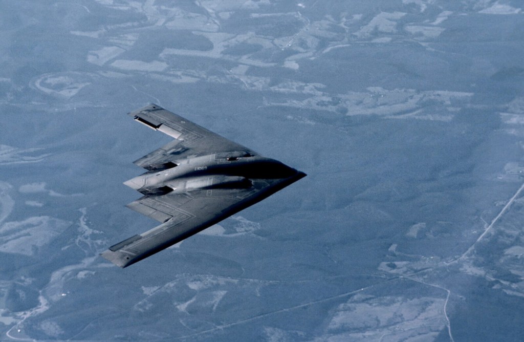 A B-2 Spirit stealth bomber in flight.