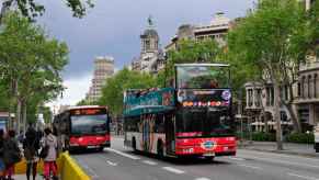 Two red buses drive down a boulevard in Barcelona
