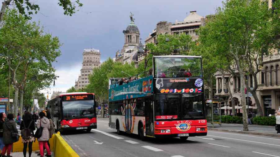 Two red buses drive down a boulevard in Barcelona