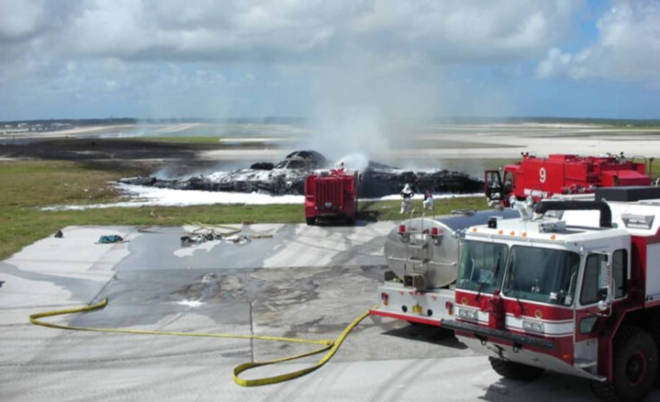 A photo shows the aftermath of the 2008 Andersen AFB crash of a B-2 Spirit stealth bomber in the most expensive airplane crash ever.