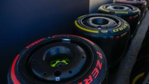 Pirelli F1 tires show off just how big they are with different compound colors.