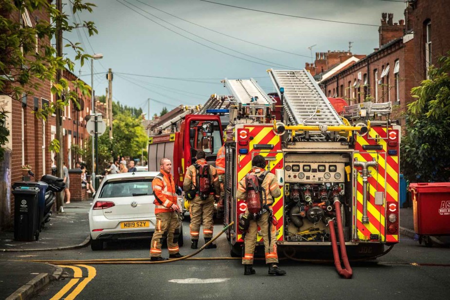 U.K. fire department responds to an apartment fire.