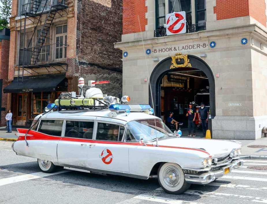 An Ecto-1 movie car on the set of Ghostbusters: Afterlife.