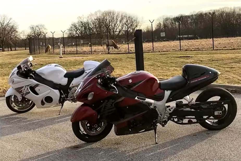 A set of Suzuki Hayabusa motorcycles with stretched, extended swingarm architecture.