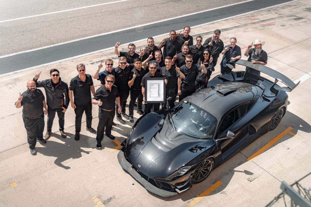 The Hennessey Special Vehicles team celebrates at COTA after breaking the production car lap record with the Venom F5 Revolution. 