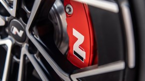 Red "N" calipers on the brembo brakes of the Hyundai Ioniq 5 N performance EV.