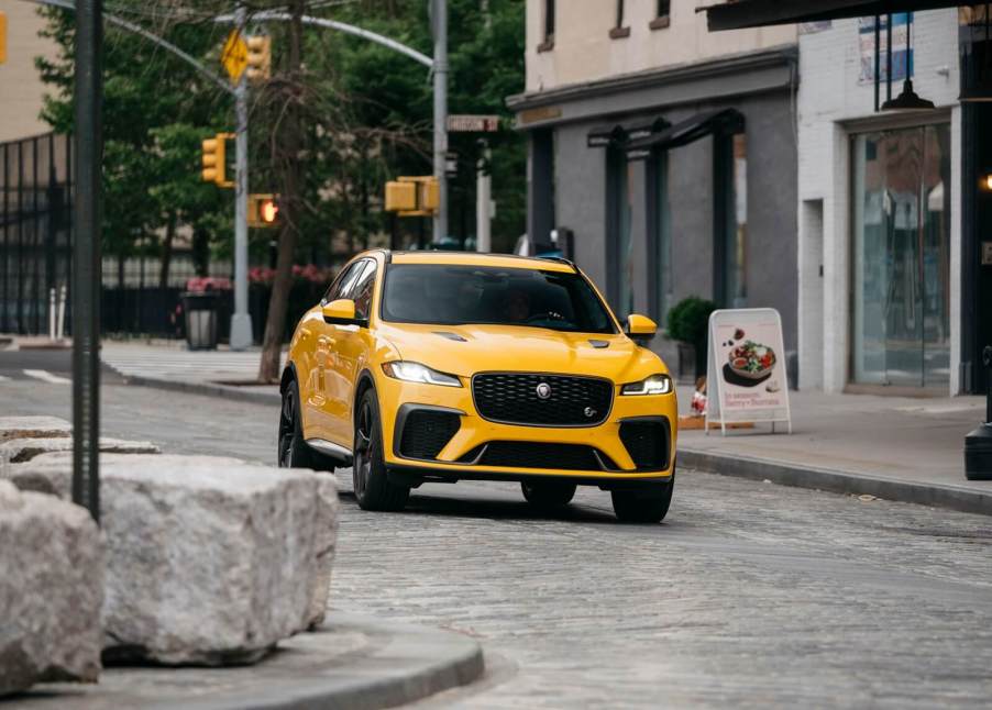 A Jaguar F-PACE SVR in Sorrento Yellow is a cousin of the E-PACE.
