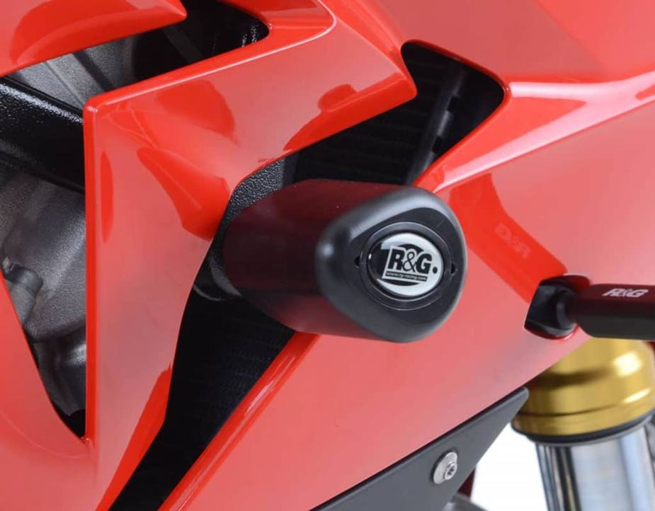 An R&G Racing frame slider on a full fairing motorcycle.