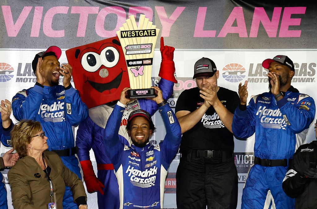 Rajah Caruth celebrates his first NASCAR Truck Series win