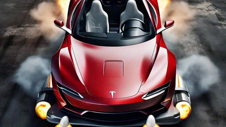Red Tesla roadster with fiery rocket boosters on its bumpers