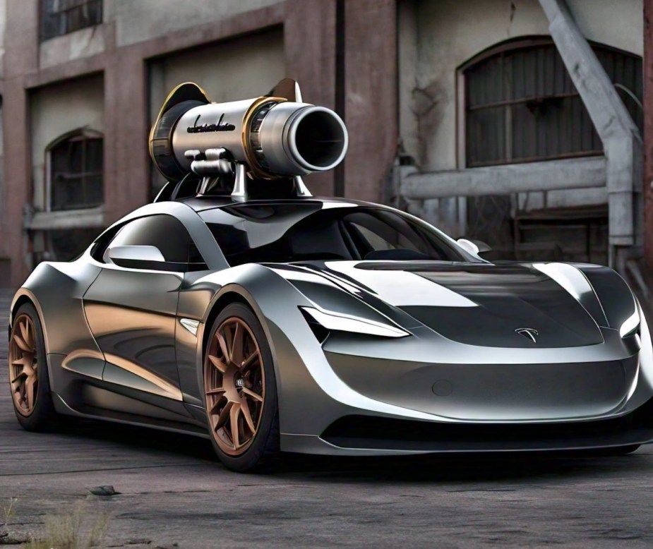 Gray Tesla roadster sports car with a rocket strapped to its roof.
