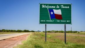 A 'Welcome to Texas' sign bids drivers to enter the state with some of the worst drivers in the country.