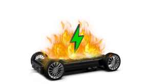 A rendering of an EV battery chassis with wheels on fire with a green lightening bolt hovering in the flames mid-frame