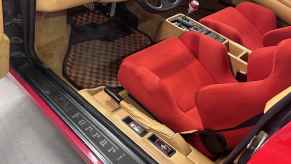 Gerhard Berger's Ferrari F512M, stolen in 1995, interior view red and tan colors left front angle