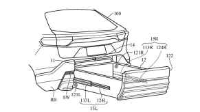 A diagram outlining Honda's patent for a rear car bumper drawer, shows a drawer compartment on tracks beneath the trunk panel