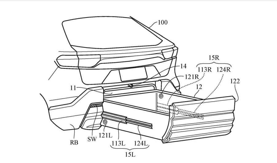 A diagram outlining Honda's patent for a rear car bumper drawer, shows a drawer compartment on tracks beneath the trunk panel