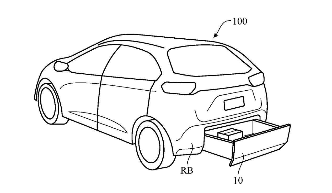 A black outlined rendering of a car with a rear bumper drawer pulled out